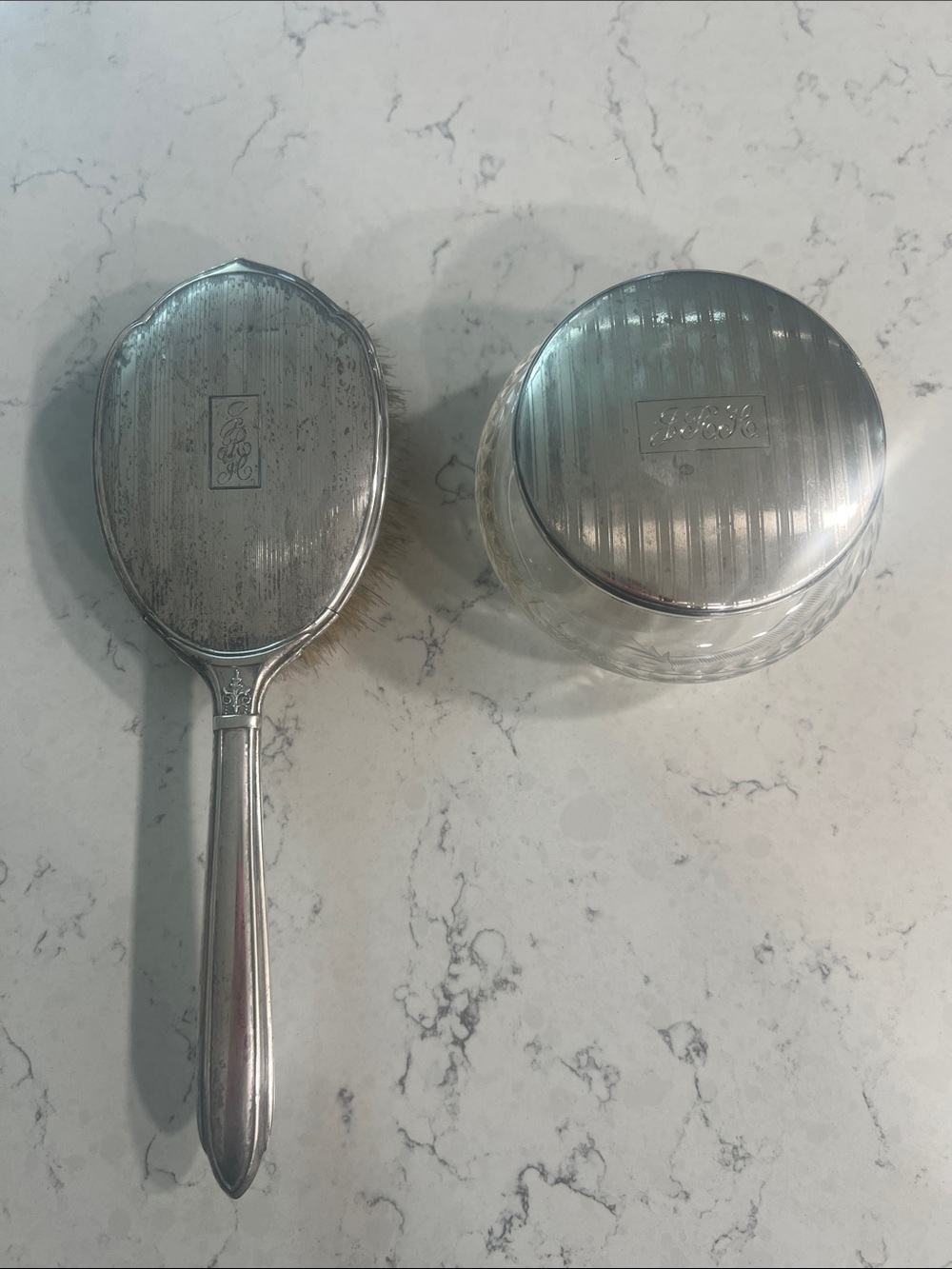 Sterling Silver Metal Vanity Brush and Jar Lid Set
